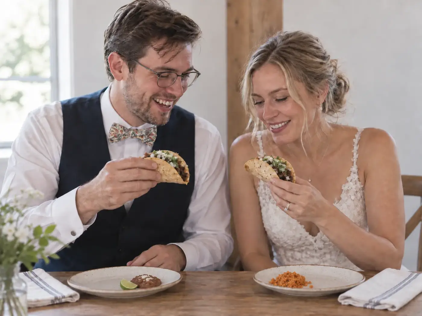 Newlywed couple enjoying tacos with modest rice and bean sides at a naturally lit reception table