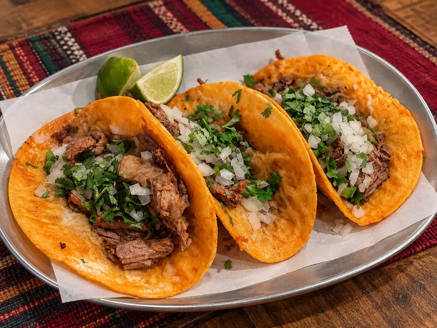Three complete birria tacos with cilantro and onion