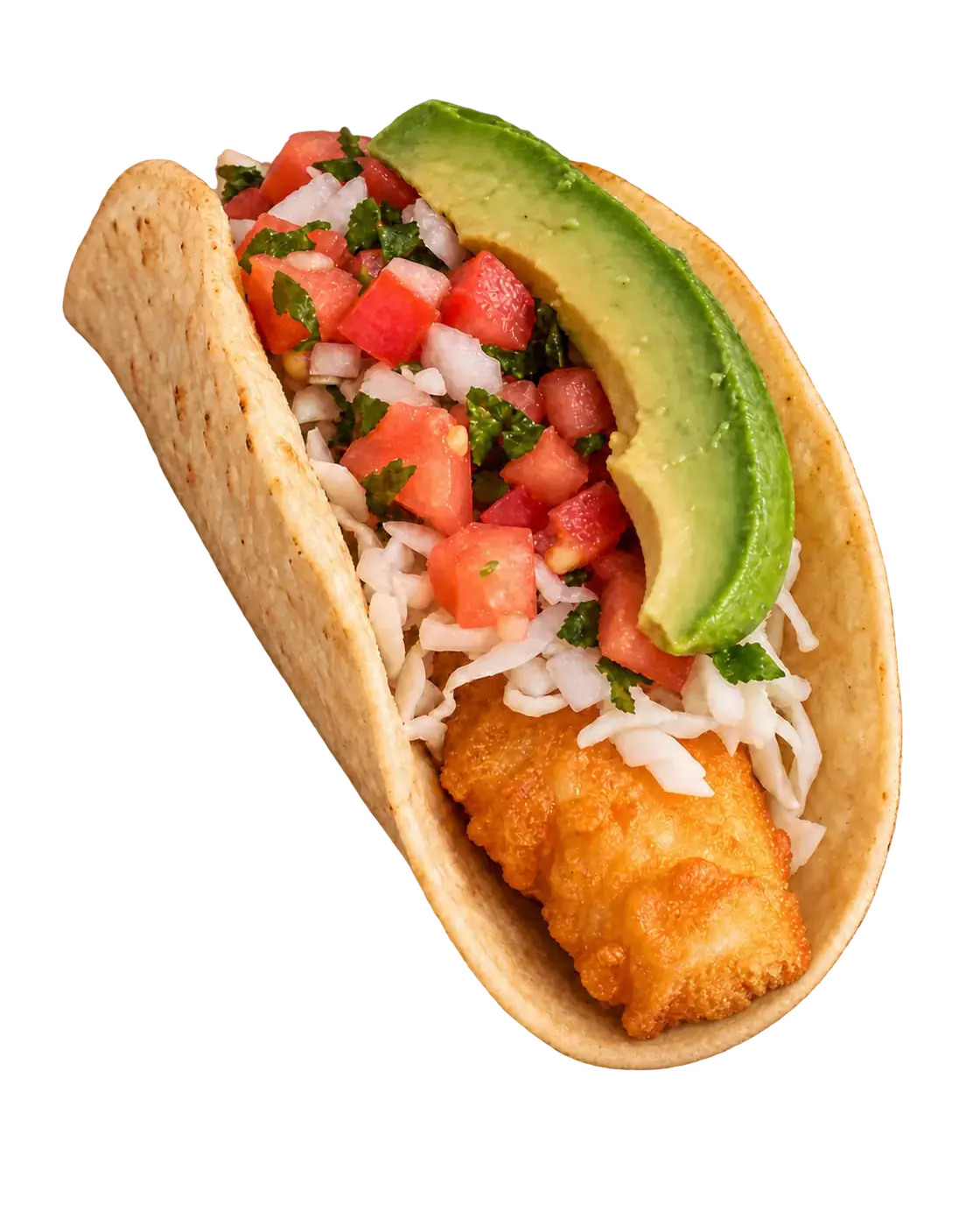 One crispy fish taco topped with cabbage, pico de gallo and avocado